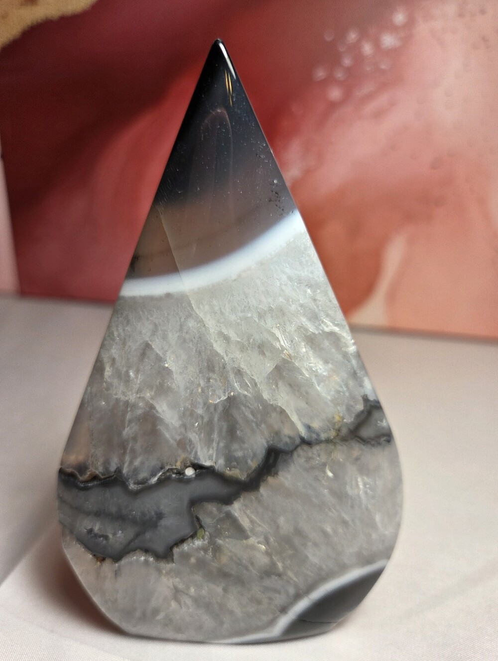New Polished Teardrop Gray And Black Agate Decorative Stone 145mm Tip To Bottom